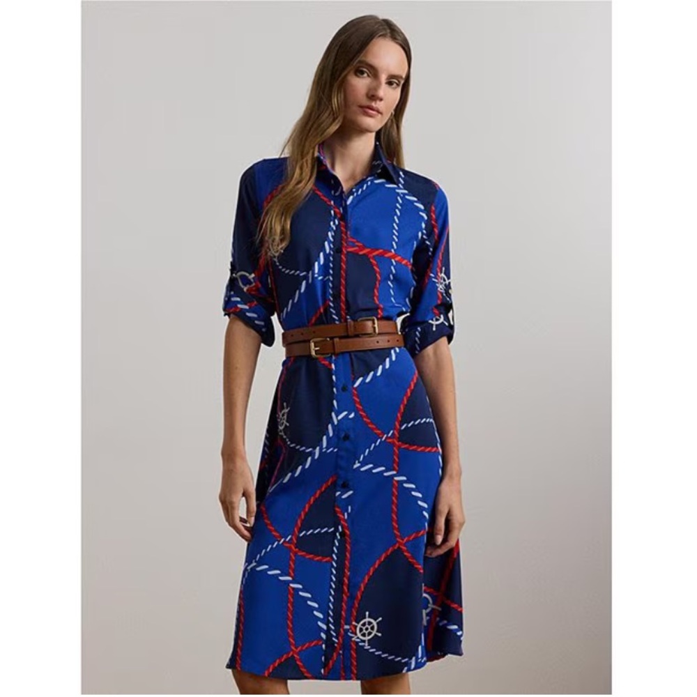 NWT Lauren Ralph Lauren Crepe De Chine Rope Print Point Shirtdress